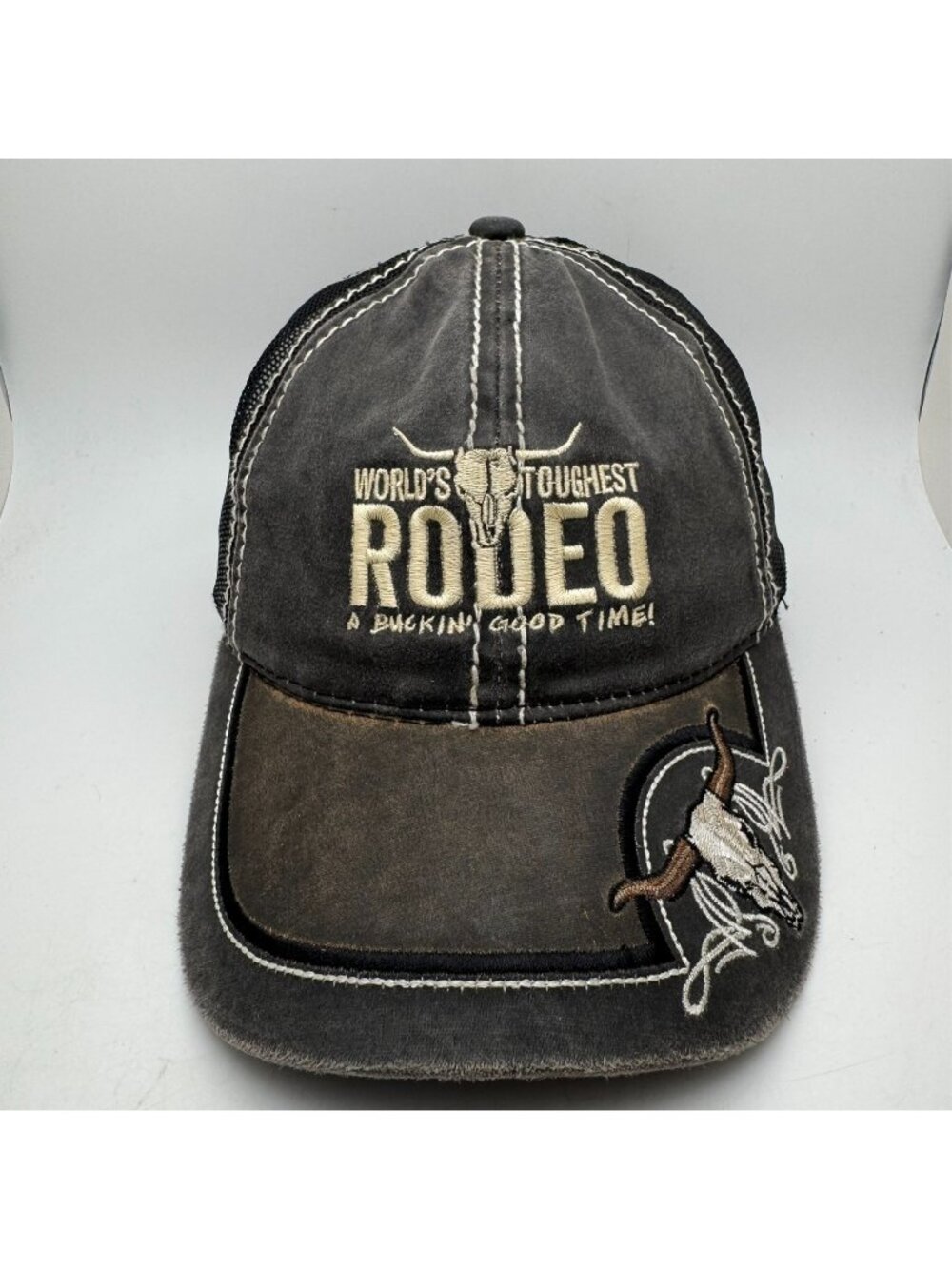 World's Toughest Rodeo Trucker Hat Cap Bull Skull Distressed Western Cowboy